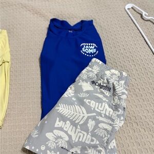 JAWSOME Royal Blue Rash Guard with Light Gray Columbia Swim Trunks